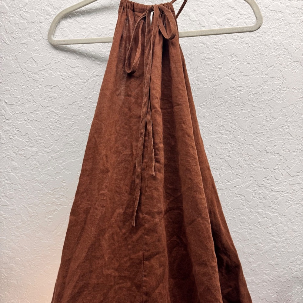 Amazhiyu Womens Small Brown 100% Linen Halter Midi Dress Boho Coastal Resort
